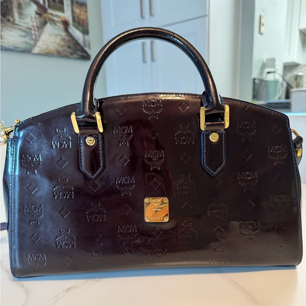 MCM Burgundy Patent Leather Embossed Monogram Dome Satchel Bowler Bag